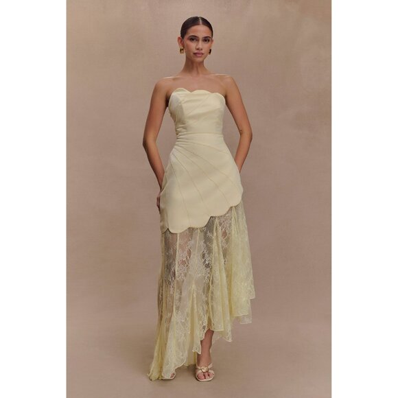 Meshki Aleena Satin & Lace Underlay Maxi Midi Asymmetrical Scallop Trim Dress - Picture 5 of 13